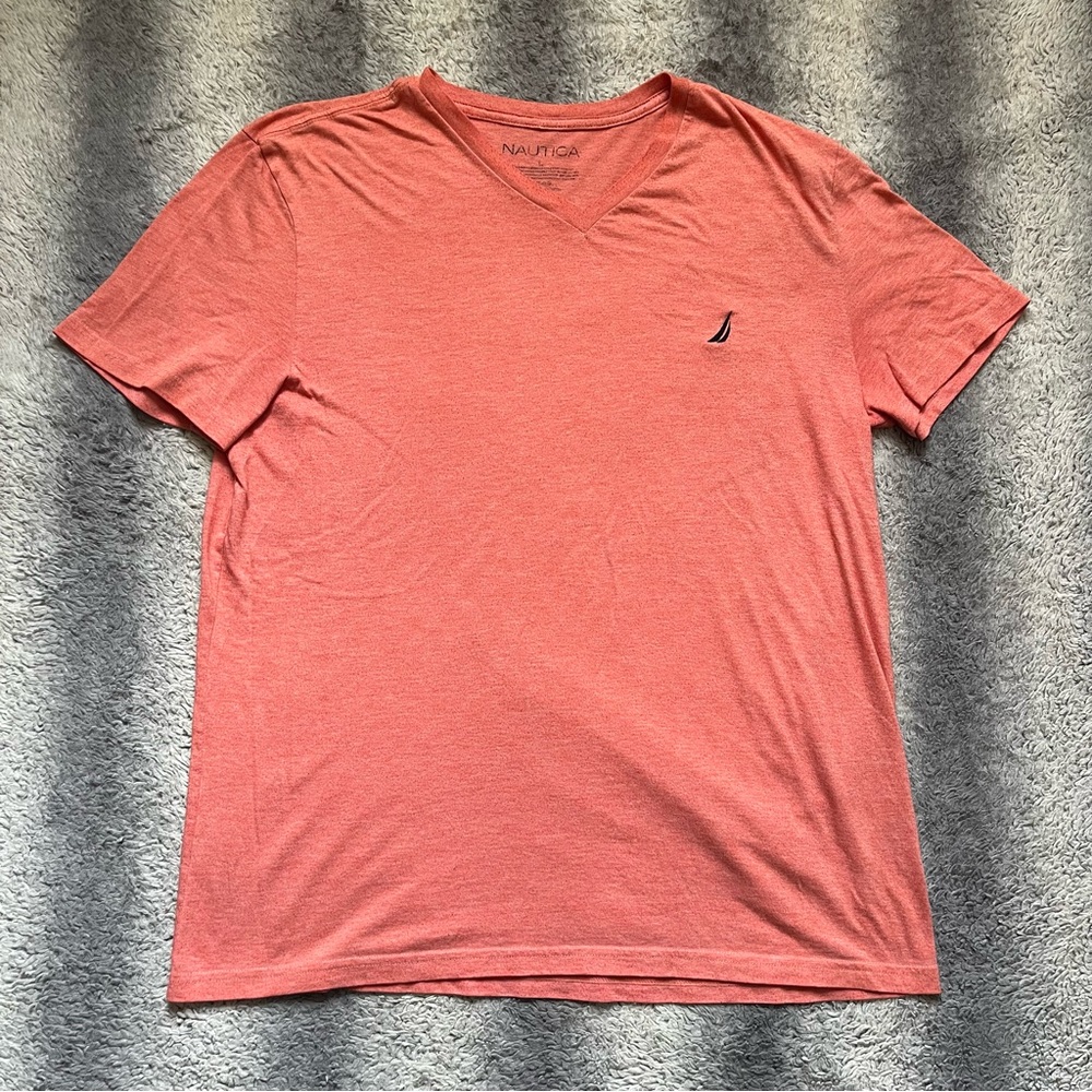 Nautica Coral Casual V-Neck T-Shirt Men’s Large Classic V Neck Tees
